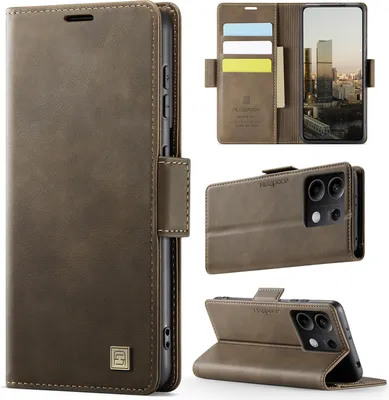 Image de Étui en cuir pour Xiaomi Redmi Note 13 5G, protection RFID, fermeture magnétique, fentes pour cartes et support Marron