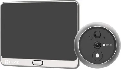 A digital peephole viewer and its indoor monitor are shown against a white background.