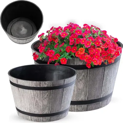 Image de Pot de fleurs/cache-pot 23 cm - Plastique - Taille L (grand) - Intérieur/extérieur - Gris clair