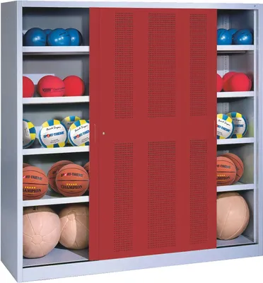 Produktbild von C+P Ballschrank mit Lochblech-Schiebetüren (Typ 4), HxBxT 195x190x60 cm, Rubinrot (RAL 3003), Lichtgrau (RAL 7035), Gleichschließung