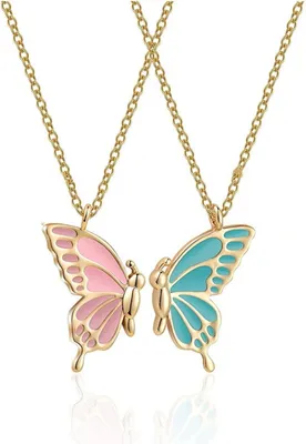 Produktbild von Bixorp Friends BFF Halskette für 2 mit Schmetterlingen – Rosa & Blau an goldfarbener Kordel – Geschenk für Sie/Frauen/Freundin/Mutter/Frauen – Beste Freunde für Zwei