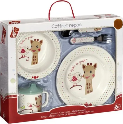 Produktbild von Sophie la Girafe – Melamin-Mahlzeiten-Geschenkbox „Sophie la Girafe“ – Vogelversion – spülmaschinenfest – Kinder-Mahlzeitenset – Teller + Schüssel + auslaufsicherer Becher + 2 Bestecke
