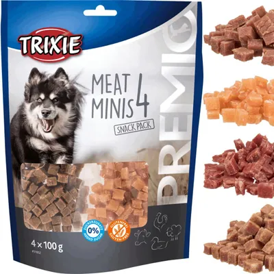 Imagen del producto de TRIXIE, premios para perros, variedad "PREMIO 4 Meat Minis", con pollo, pato, ternera y cordero, 4 paquetes de 100 g cada uno, sin azúcares añadidos, sin gluten
