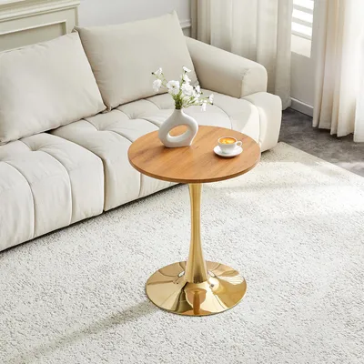 Produktbild von MODFU Couchtisch Rund,Beistelltisch,Holzmaserung,Kaffeetisch,goldfarbene Stützbasis,Für Wohnzimmer,Gold+Holz