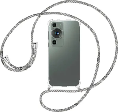 Produktbild von Handykette Backcover-Schutzhülle mit Band (Metall silberfarben) für Huawei P60 / P60 Pro (6.67'') - weiß/grau kariert