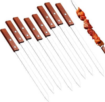 Produktbild von Wiederverwendbare flache Grillspieße - 8 Stück, 40 cm Edelstahl - mit Holzgriff - für Fleisch und Gemüse, Grillzubehör