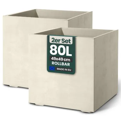 Produktbild von Kreher® 2er Set Pflanzkübel „Millennium“ 49x49x49 cm - Creme Weiß - Eckig, rollbar - UV- & Frostfest - Mit Wasserspeicher - Natursteinoptik