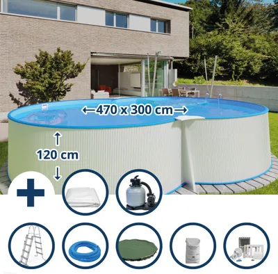 Produktbild von Stahlwandpool Set (9-teilig) hoch achtform 470 x 300 x 120 cm, Stahl 0,4 mm weiß Folie 0,4 mm blau
