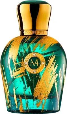 A luxurious perfume bottle with intricate gold detailing on a green glass base.