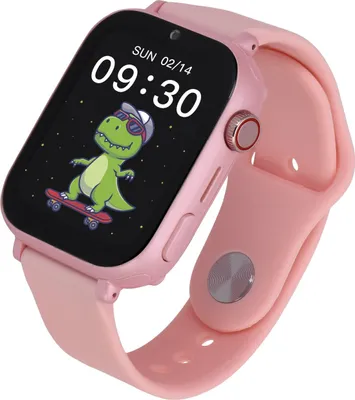 A pink smartwatch with a cartoon dinosaur on the screen.