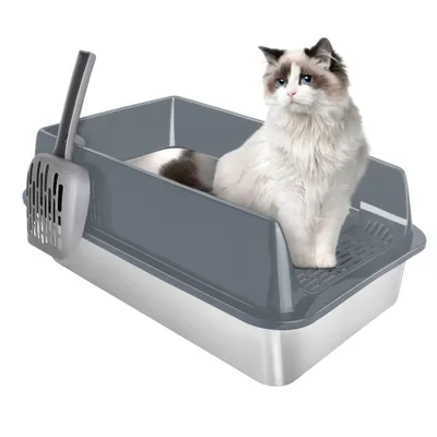 Produktbild von Katzenklo Edelstahl ,XL Offene Katzentoilette Edelstahl Katzenklo Groß mit Schaufel,für Katze Und Häschen, leicht zu reinigen 50x35x24cm Grau