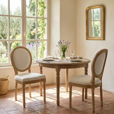 Produktbild von LVHOM Esszimmerstuhl 2er Set Polsterstuhl Medaillonstuhl mit Leinenbezug, Vintage Küchenstuhl Holzstuhl Landhausstil aus Gummibaumholz, Beige