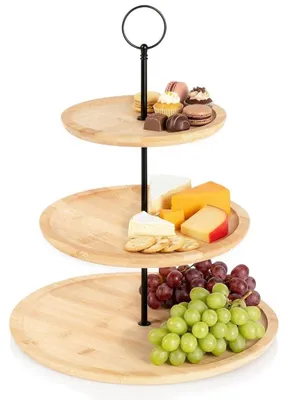 Produktbild von Dreistöckige Tortenplatte aus Bambus, 34 cm, schwarzer Metallgriff