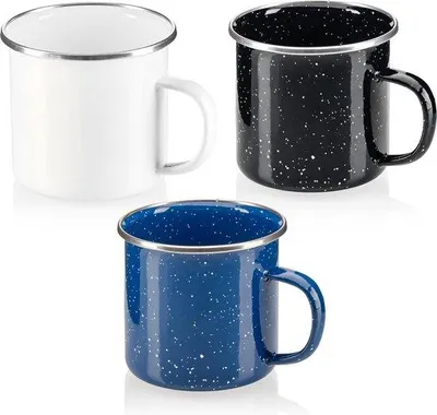 Produktbild von Famanu Emaille-Becher - 3-teilige Becherserie aus emailliertem Edelstahl - dunkelblau, weiß, schwarz