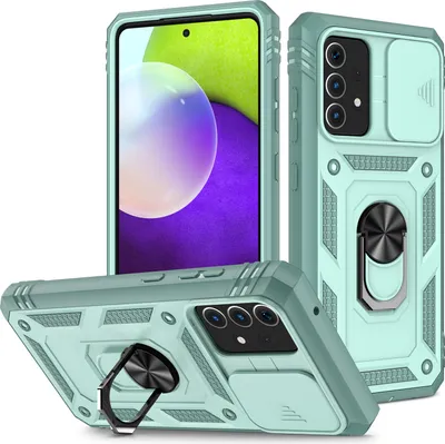 Image de Etui pour Samsung Galaxy A52 5G / 4G protection coulissante de l'appareil photo, résistant aux chocs, avec porte-anneau, support et porte-cartes Vert