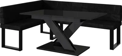 Produktbild von MEBLINI Eckbank für Esszimmer mit ausziehbarem Tisch  - Küchenbank - Essecke - Sitzecke Küche - PETER - U-Beine 142x196x87cm Links - Schwarz Samt/B Schwarz Hochgl.