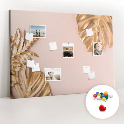 Obrázek produktu pro Korková nástěnka s kolíčky - Tabule s kolíky pro fotografie a poznámky - 140x100 cm - Připínáčky barevné 100 kusů - Zlaté tropické listy