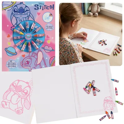 Produktbild von Disney Stitch kreatives Mal- und Schreibset für Kinder, Notizbuch + 12 Mini-Wachsmalstifte