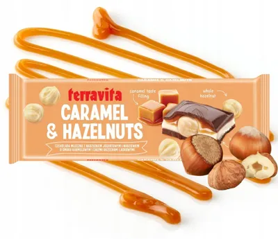 Zdjęcie produktu dla Czekolada Terravita mleczna z nadzieniem jogurtowym i karmelowym z całym orzechem 235g