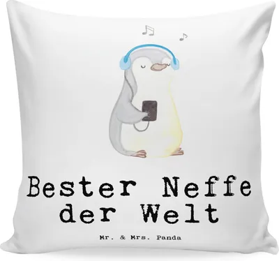 Produktbild von Mr. & Mrs. Panda Sofakissen Pinguin Bester Neffe der Welt - Weiß - Geschenk, Couchkissen, Tante, Dekokissen Sofa, kissen bedruckt, Patentante, Geschenkidee, Deko, 40x40