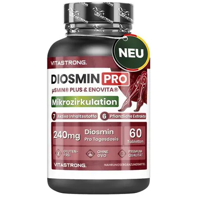 Obrázek produktu pro Diosmin PRO Vitastrong Vegan, mikronizovaný komplex diosminu a flavonoidů, ENOVITA (extrakt z červené vinné révy), Centella Asiatica, koňský kaštan, koště řeznické, lespedeza, černý pepř (prášek piperinu)