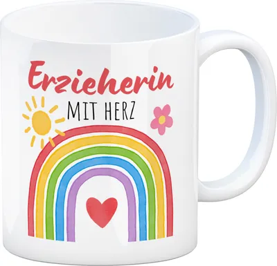 Produktbild von Regenbogen Kaffeebecher mit Spruch Erzieherin mit Herz