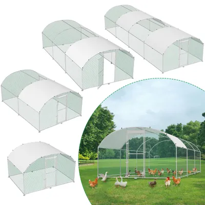 Collage of different sizes and angles of a chicken coop, with one larger image showing chickens and ducks in a coop in a grassy outdoor setting.