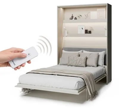 Produktbild von MEBLINI Elektrisches Schrankbett Bed Concept - Wandbett mit Lattenrost, Matratze und Kopfteil - Wandklappbett - BC-36 - 140x200cm Vertikal - Kaschmir - Kopfteil Grau
