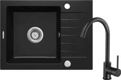 Produktbild von Granitspülbecken mit Armatur, 1-Becken mit Abtropffläche - schwarz - 580 x 440 x 164 mm