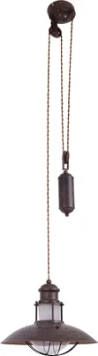 A hanging pendant light with a pulley system and weight.