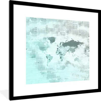 Produktbild von MuchoWow® MuchoWow® Gerahmtes Poster Weltkarte - Blau - Weiß - Zeitungspapier 40x40 cm - Poster mit zchwarzem Bilderrahmen - Poster - Plakat im Rahmen