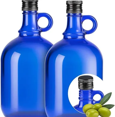 Produktbild von Blaue Glasflasche 1 L mit Ausgießer & Schraubverschluss – Vorrats-Flasche für Öl, Essig, Likör & Getränke (2x 1L)