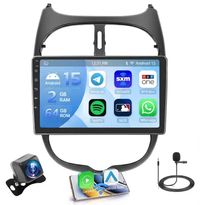 Imagen del producto de Radio para coche de 9 pulgadas compatible con Peugeot 206 y 206CC (modelos de 2001 a 2016), con CarPlay inalámbrico, GPS, Bluetooth y radio FM/RDS