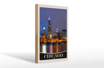 Produktbild von Holzschild Reise 20x30cm Chicago USA Amerika Abend Meer
