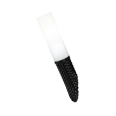 A single outdoor lamp with a white frosted glass shade and a dark brown rattan-like base.