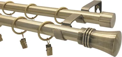 A close-up view of a double curtain rod with rings and clips, against a white background.