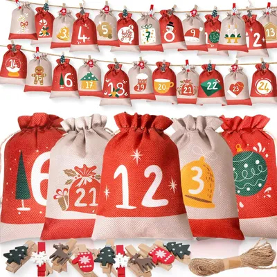 Produktbild von Adventskalender zum Befüllen – Groß – Adventskalender, der selbst befüllt werden kann, mit 24 Jutebeuteln, 18 x 13 cm
