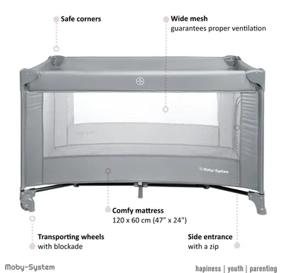 Produktbild von Moby-System Baby Reisebett 128x68 cm – faltbares Kinderreisebett mit Matratze & Tragetasche – Laufstall mit Seitenausgang – für Babys bis 15 kg - Grau
