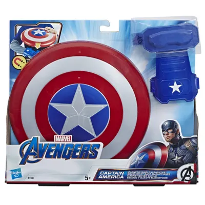 The product is packaged in a cardboard box with a clear plastic window showing the Captain America shield and gauntlet.