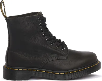 A black leather boot is shown against a white background.