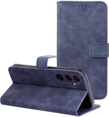 A blue flip case for a smartphone is shown in two configurations: closed and open, revealing the phone's camera.
