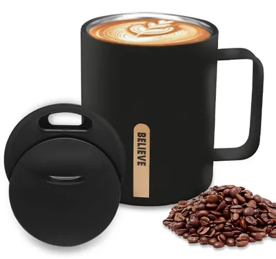Isolierbecher 400 ml Edelstahl mit Griff und Schiebedeckel schwarz