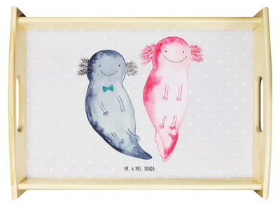 Produktbild von Mr. & Mrs. Panda holz serviertablett Axolotl Freundin - Grau Pastell - Geschenk, Sofa Tablett, Dekotablett, Liebe, Holztablett, Servier, Lurch, Valentinstag