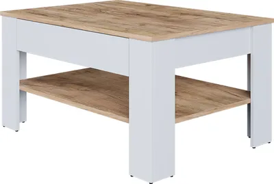 A white and wood-grain coffee table with a shelf underneath, shown from a three-quarter angle against a white background.
