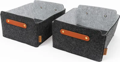 Produktbild von 2er-Set Aufbewahrungsboxen aus 4mm Filz, dunkelgrau und hellgrau, 31x25x15 cm, mit Echtleder-Details