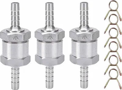 Produktbild von 3 Stück Rückschlagventil 6mm Aluminium inkl 6 Federklammern Kraftstoff Rücklaufventil für Benzin, Wasser, Chrom Auto Niederdrucksystem Benzinhahn 6mm Rücklaufsicherung