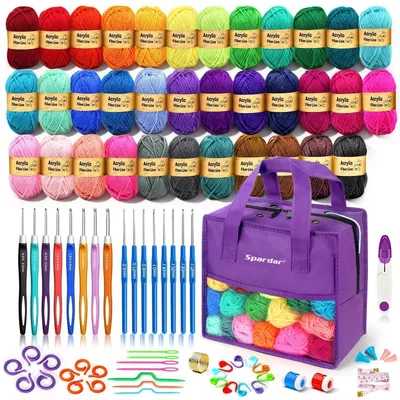 Immagine prodotto di Set di filati per uncinetto, ideale per principianti e adulti, composto da 35 colori di filato acrilico, un kit di accessori da 89 pezzi con uncinetti ergonomici e una borsa per il trasporto