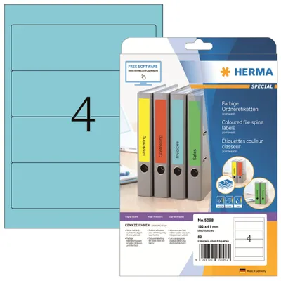 Produktbild von HERMA 5098 Ordnerrücken Etiketten kurz breit, 20 Blatt, 192 x 61 mm, 4 pro A4 Bogen, 80 Stück, selbstklebend, bedruckbar, blickdicht, blanko Papier Ordneretiketten Rückenschilder Aufkleber, blau