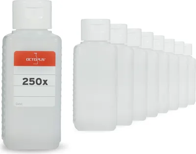 Immagine prodotto di 250 bottiglie di plastica quadrate da 100 ml G25 con tappi a scatto bianchi