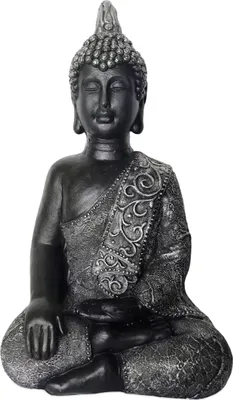 Immagine prodotto di Relaxdays Statua di Buddha seduto, 45 cm, statua da giardino, statua decorativa vintage per il soggiorno, resistente alle intemperie, resistente al gelo, antracite
